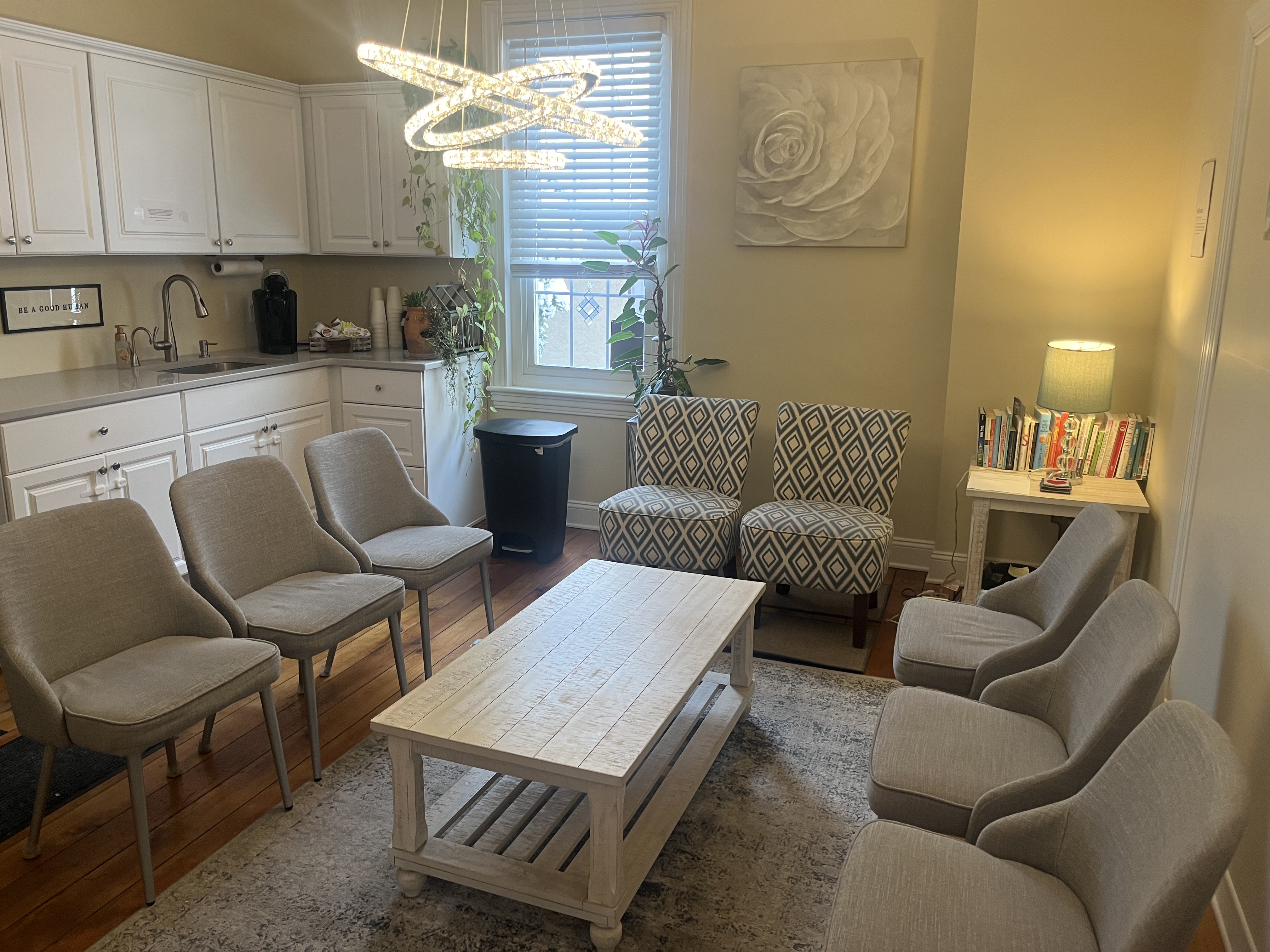 Private waiting room with comfortable seating & snacks available!
