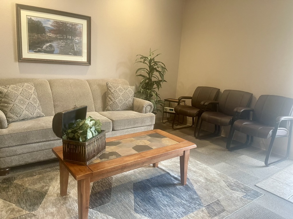 The peaceful waiting room has access to a private restroom. Flip the light switch by my name to let me know you\'ve arrived.