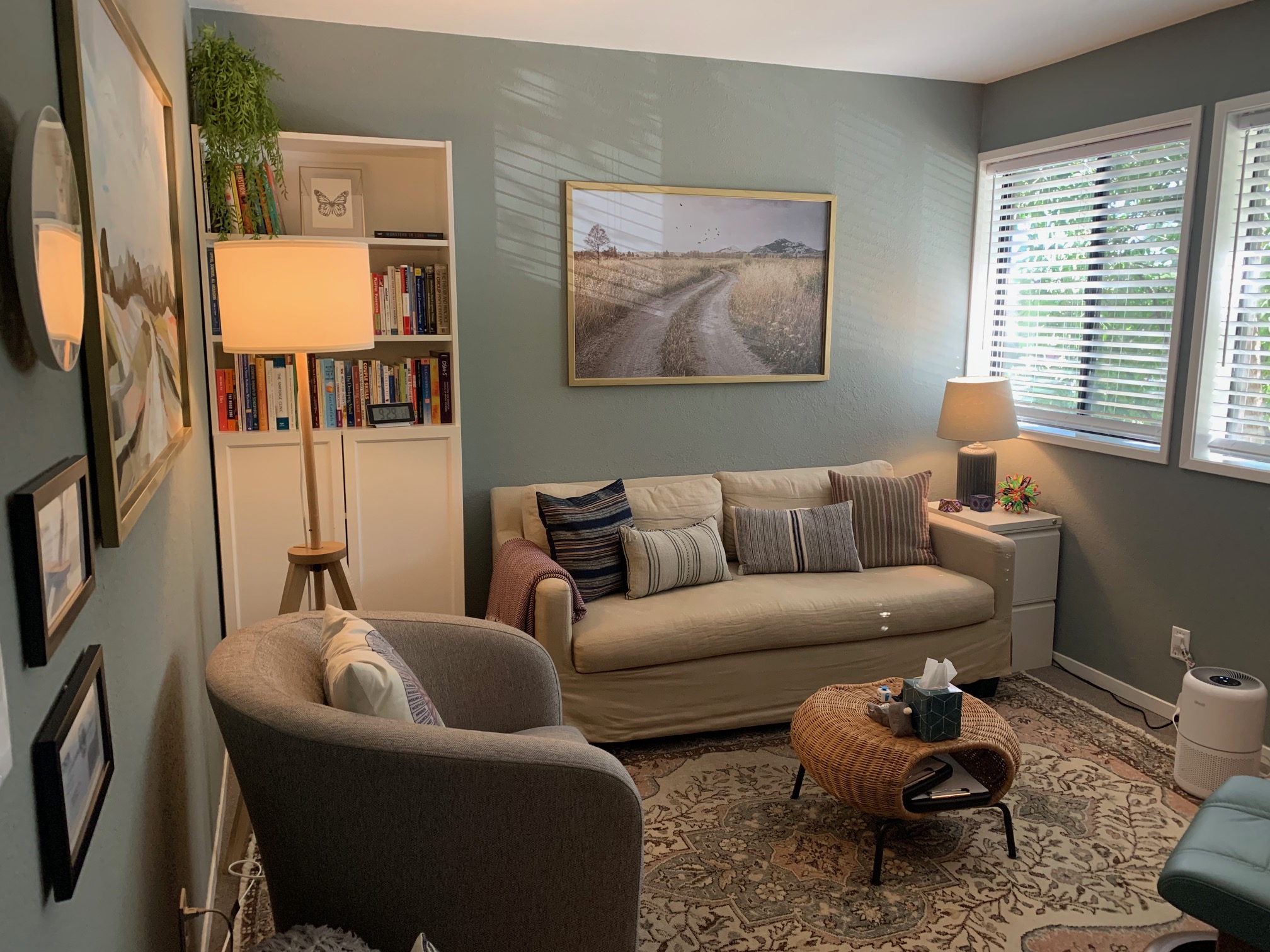 Welcome to a warm and cozy office space, designed to make you feel comfortable as you embark on your therapeutic journey!