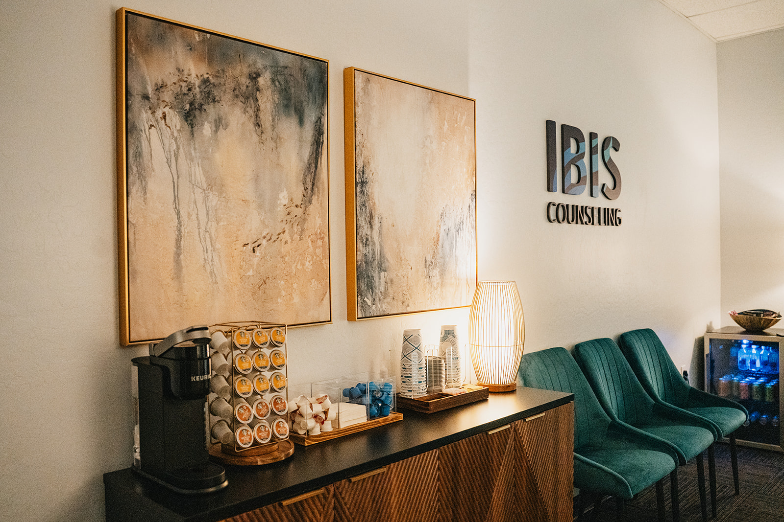Private lobby with complimentary coffee bar, snack bar, and beverage refrigerator